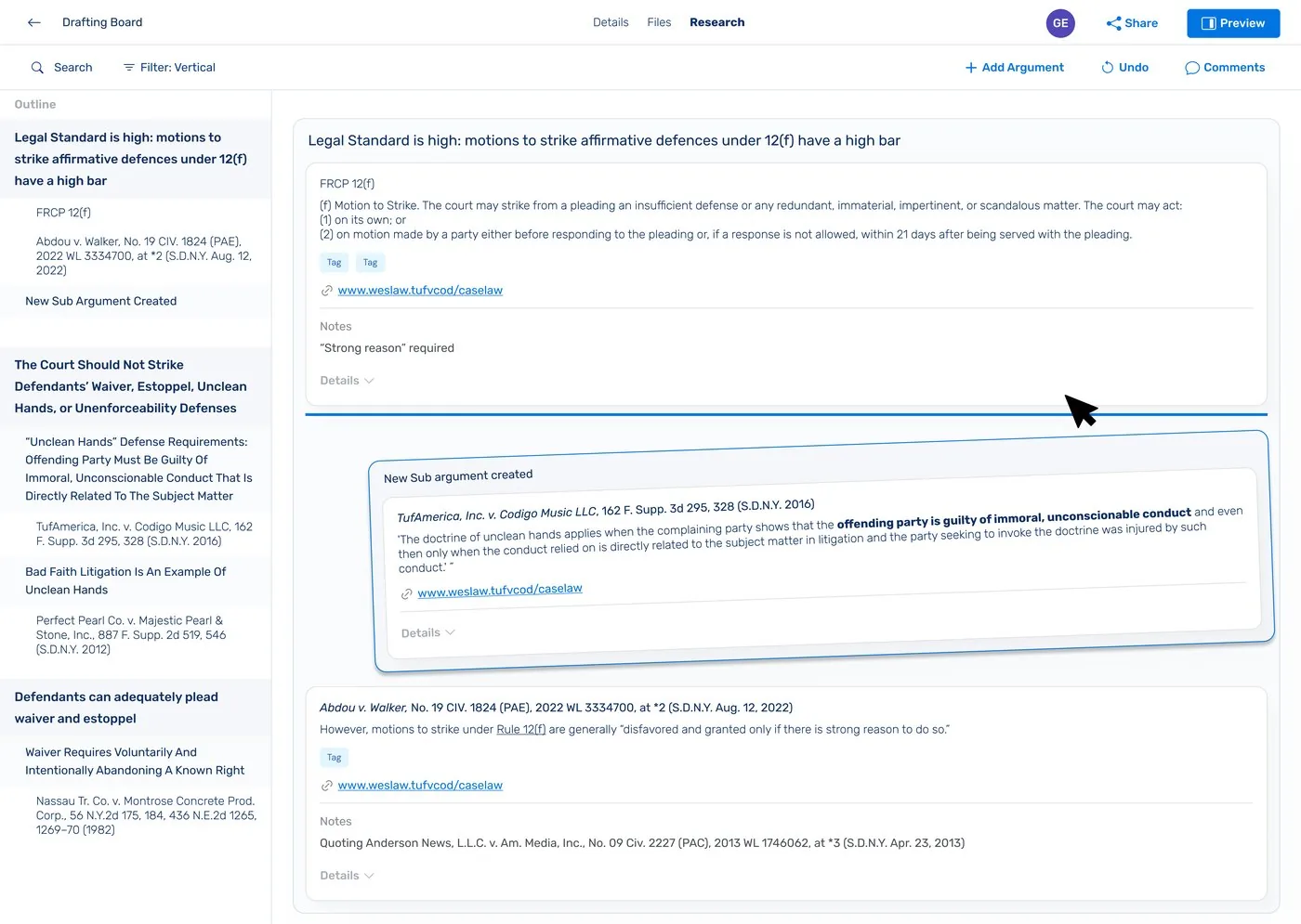 Jurisage's Drafting Board — a legal research workspace showing an argument outline on the left and, on the right, cited authorities with the relevant passage surfaced inline alongside notes and tags.
