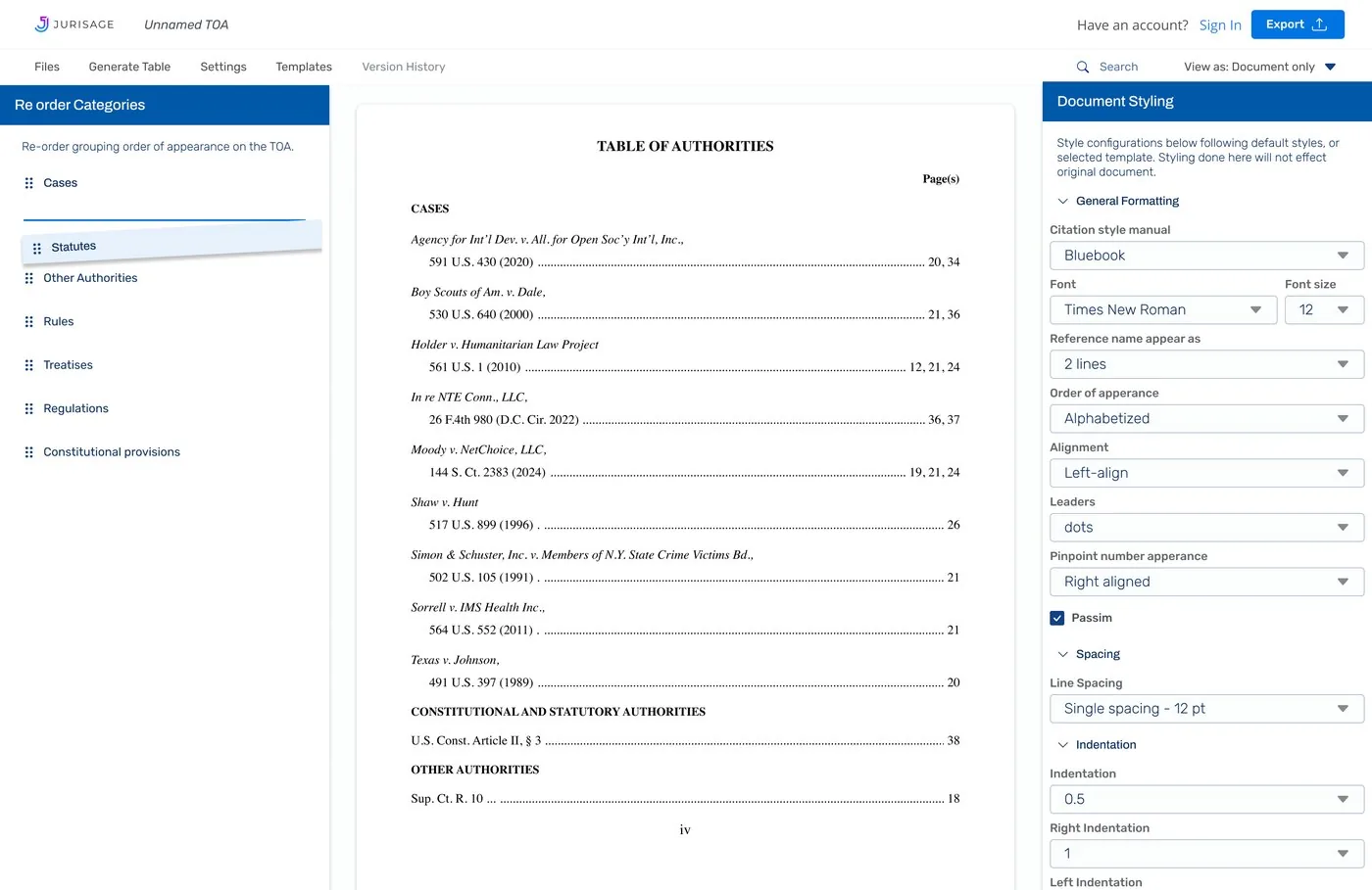 Jurisage's Table of Authorities generator — a formatted table of cases and statutes with page references, generated from a brief, with Bluebook citation styling controls on the right.